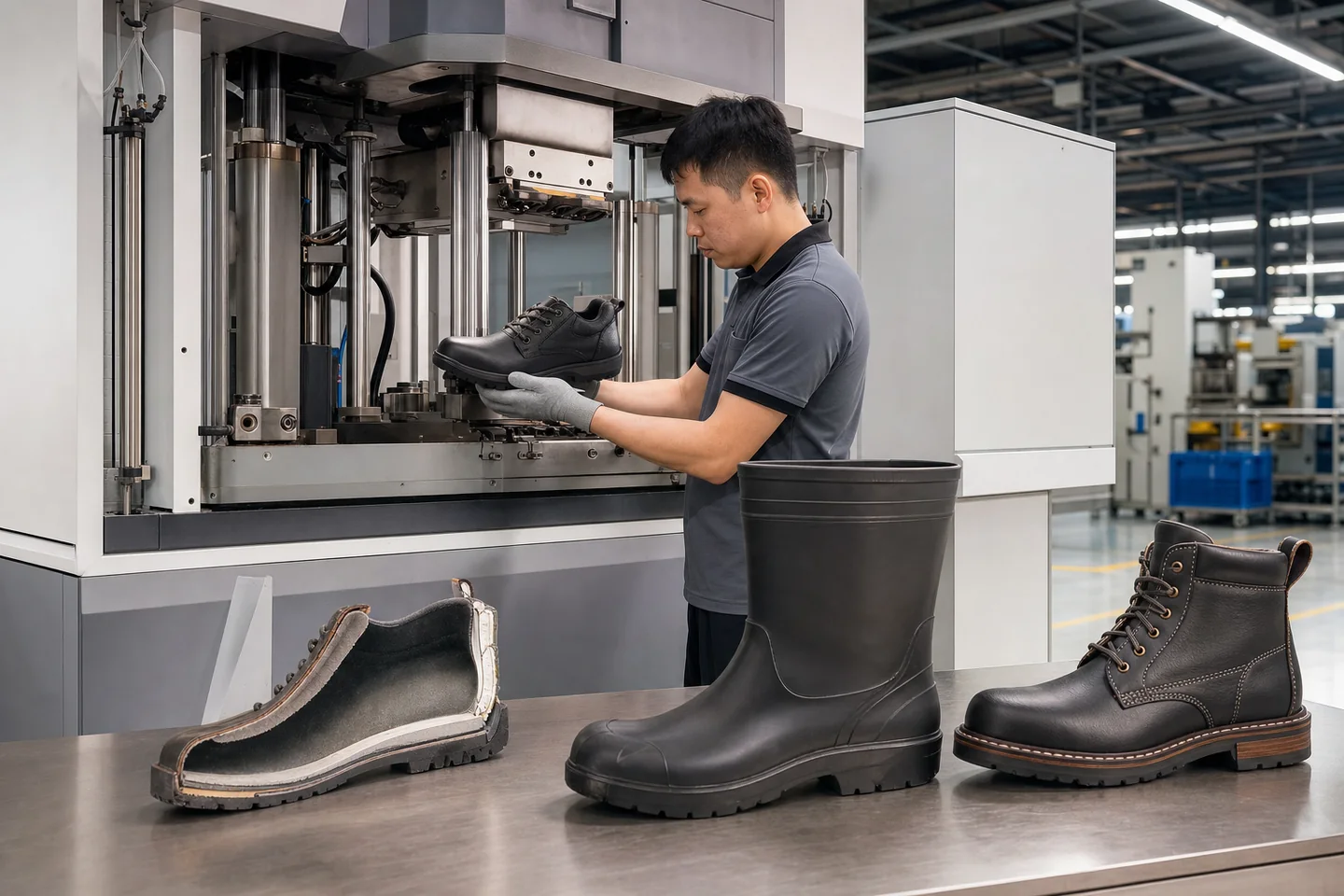 Safety footwear factory showing direct injection and cemented construction processes