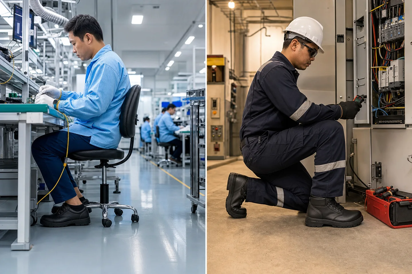 Split industrial scene comparing ESD footwear in electronics manufacturing with electrical hazard footwear in utilities work