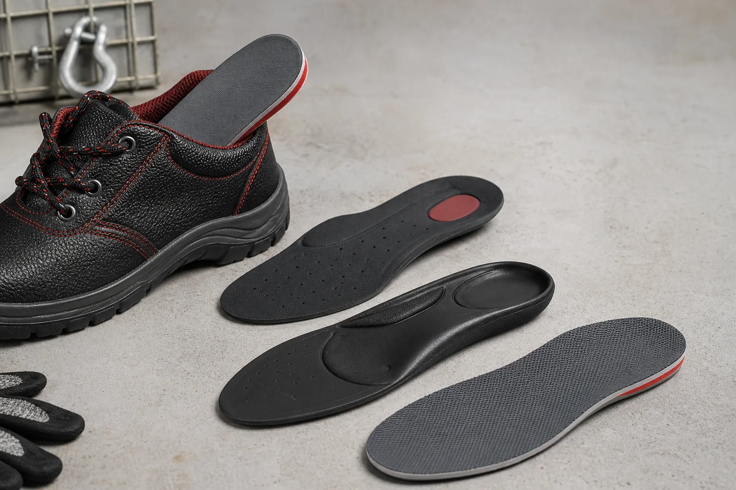 Safety shoe insocks in different materials shown beside industrial footwear
