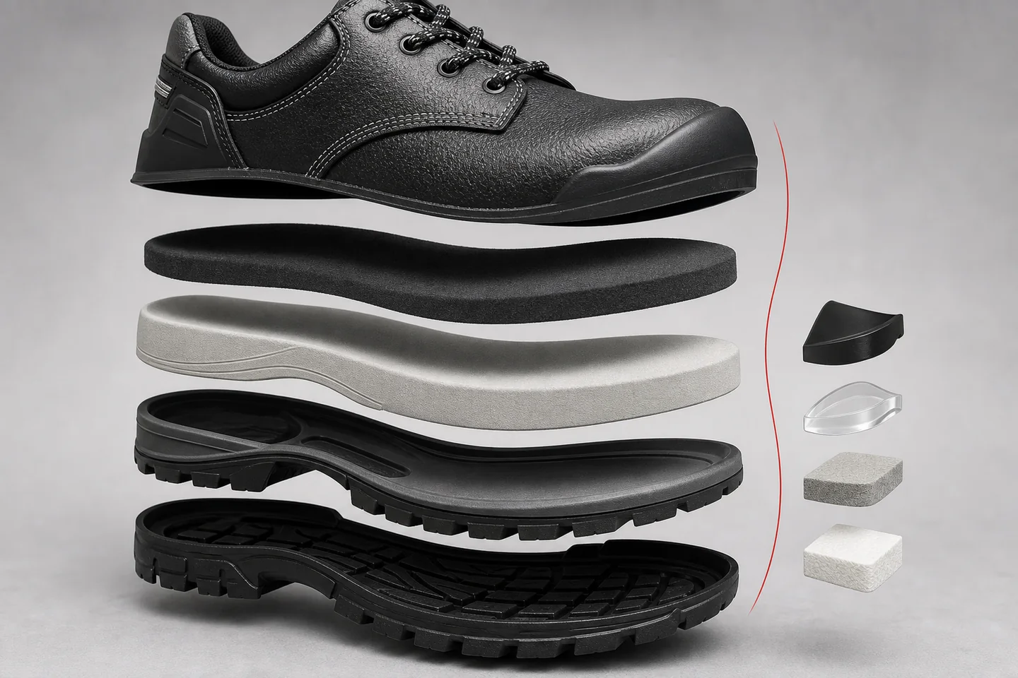 Cutaway view comparing layers of industrial safety shoe sole materials