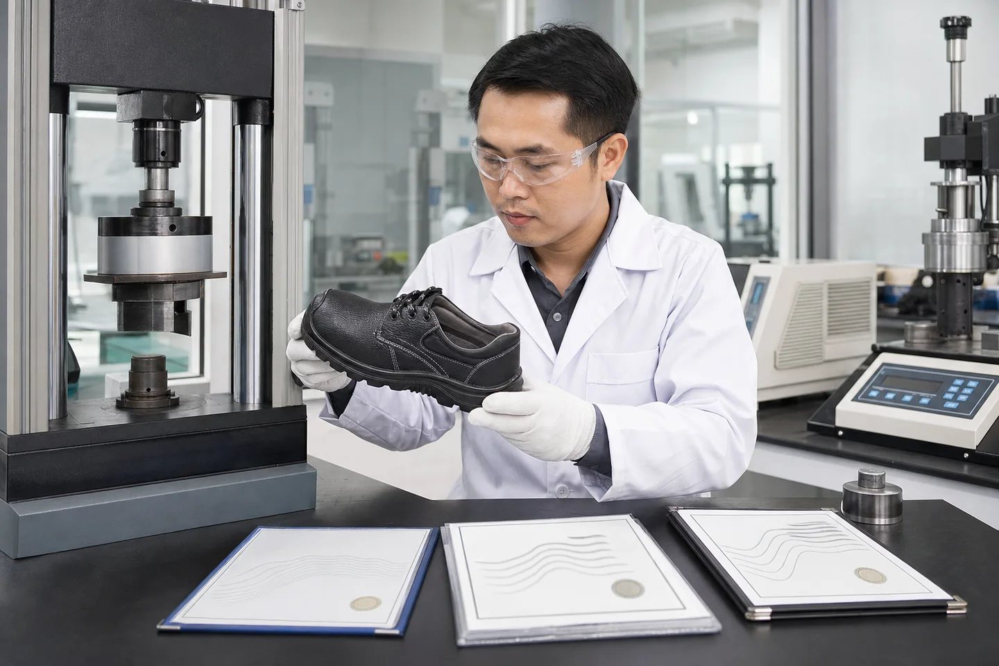 Safety footwear engineer reviewing certification documents and laboratory test results