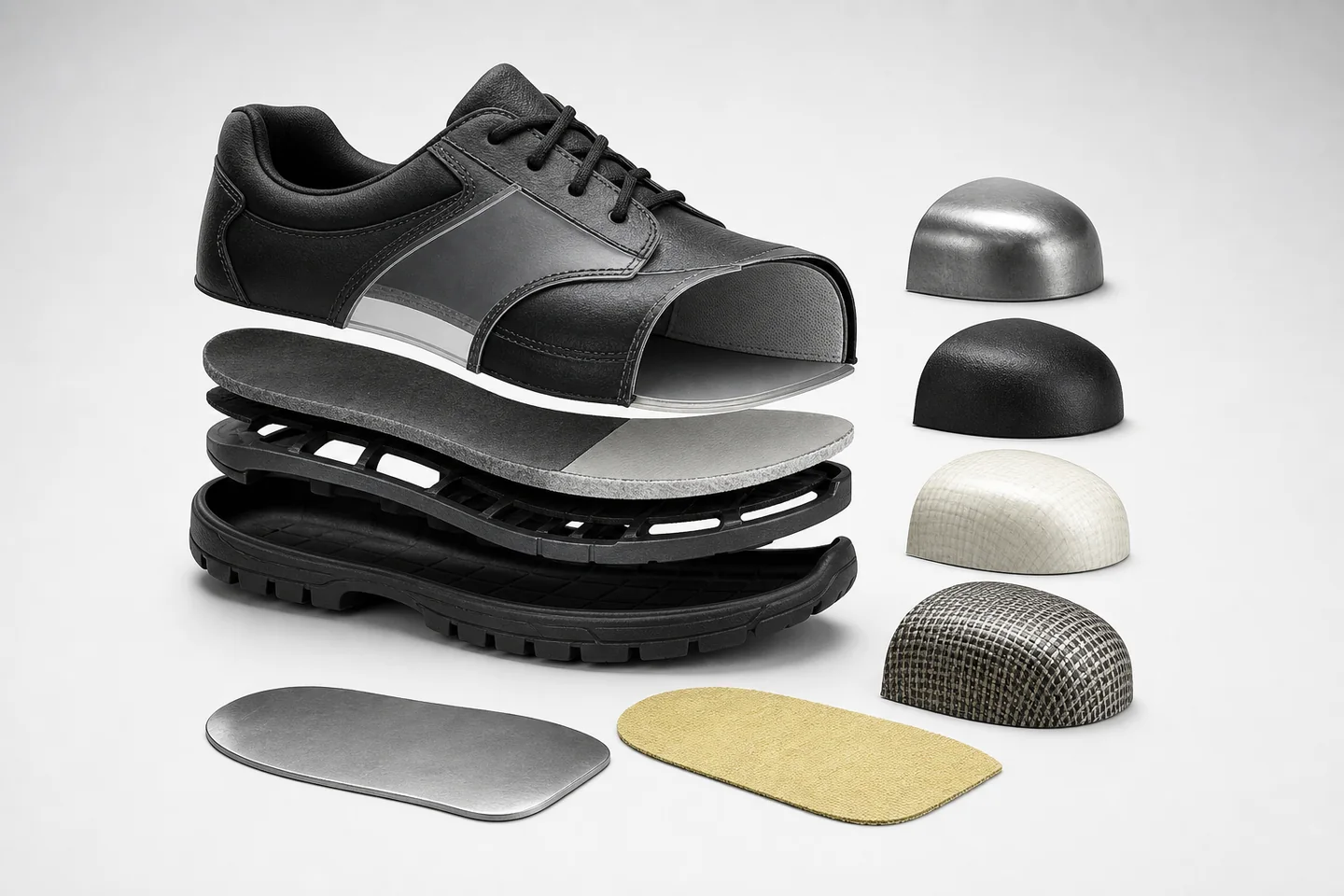 Exploded safety shoe showing toe cap and anti-penetration midsole components