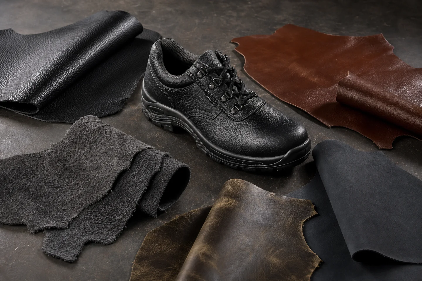 Close-up comparison of industrial safety shoe upper materials including leather and microfiber